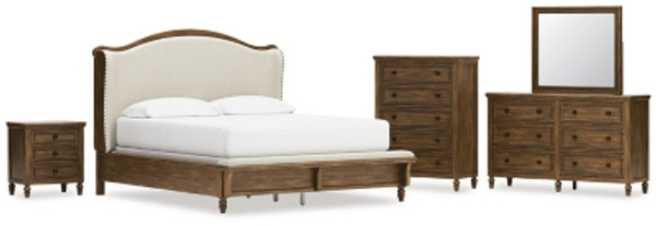 Benchcraft Sturlayne Brown California King Upholstered Panel Bed with Mirrored Dresser, Chest and Nightstand