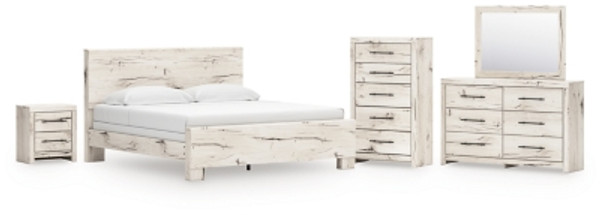 Benchcraft Lawroy Light Natural King Panel Bed with Mirrored Dresser, Chest and Nightstand