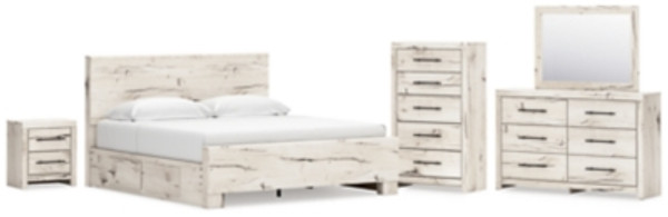 Ashley Lawroy Light Natural King Panel Bed with Mirrored Dresser, Chest and Nightstand B100/14/B2310/56/58/60(2)/31/36/46/92
