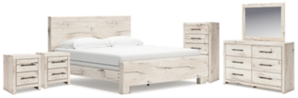 Benchcraft Lawroy Light Natural King Panel Bed with Mirrored Dresser, Chest and 2 Nightstands