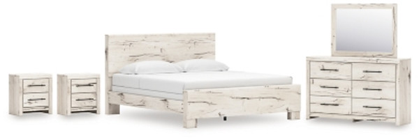 Ashley Lawroy Light Natural King Panel Bed with Mirrored Dresser and 2 Nightstands B100/14/B2310/56/58/60(2)/31/36/92(2)