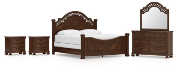 Ashley Lavinton Brown King Poster Bed with Mirrored Dresser and 2 Nightstands