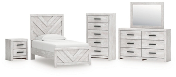 Ashley Cayboni Whitewash Twin Panel Bed with Mirrored Dresser, Chest and Nightstand