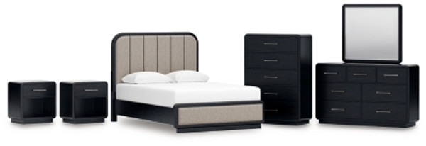 Ashley Rowanbeck Gray Black Queen Upholstered Panel Bed with Mirrored Dresser, Chest and 2 Nightstands