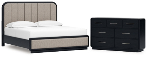 Ashley Rowanbeck Gray Black King Upholstered Panel Bed with Dresser