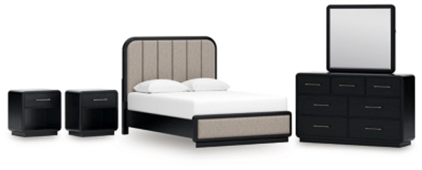 Ashley Rowanbeck Gray Black Queen Upholstered Panel Bed with Mirrored Dresser and 2 Nightstands Ashley Rowanbeck Gray Black Queen Upholstered Panel Bed with Mirrored Dresser and 2 Nightstands