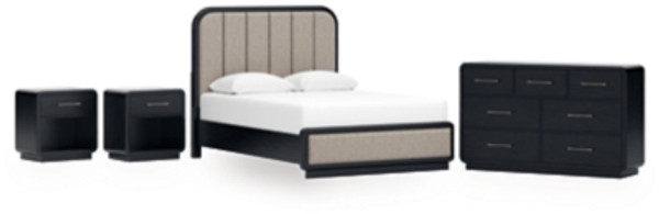 Ashley Rowanbeck Gray Black Queen Upholstered Panel Bed with Dresser and 2 Nightstands