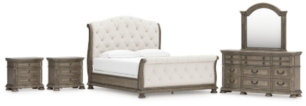 Ashley Ardenfield Light Brown California King Upholstered Sleigh Bed with Mirrored Dresser and 2 Nightstands