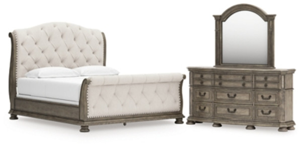 Ashley Ardenfield Light Brown California King Upholstered Sleigh Bed with Mirrored Dresser Ashley Ardenfield Light Brown California King Upholstered Sleigh Bed with Mirrored Dresser