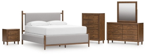 Ashley Lyncott Brown Queen Upholstered Bed with Mirrored Dresser, Chest and Nightstand