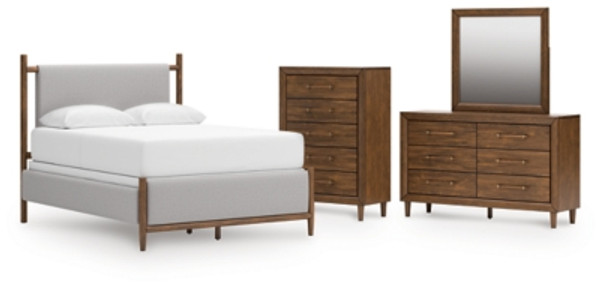 Ashley Lyncott Brown Queen Upholstered Bed with Mirrored Dresser and Chest