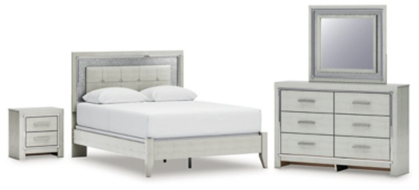 Ashley Zyniden Silver Queen Upholstered Panel Bed with Mirrored Dresser and Nightstand