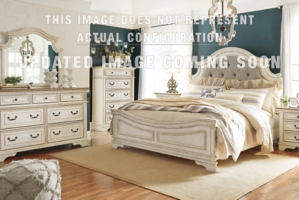 Ashley Realyn Two-tone Queen Upholstered Bed with Mirrored Dresser, Chest and Nightstand