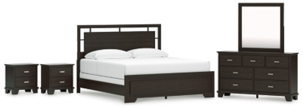 Ashley Covetown Dark Brown King Panel Bed with Mirrored Dresser and 2 Nightstands Ashley Covetown Dark Brown King Panel Bed with Mirrored Dresser and 2 Nightstands