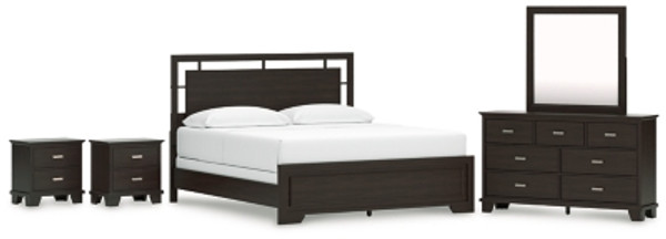 Ashley Covetown Dark Brown California King Panel Bed with Mirrored Dresser and 2 Nightstands