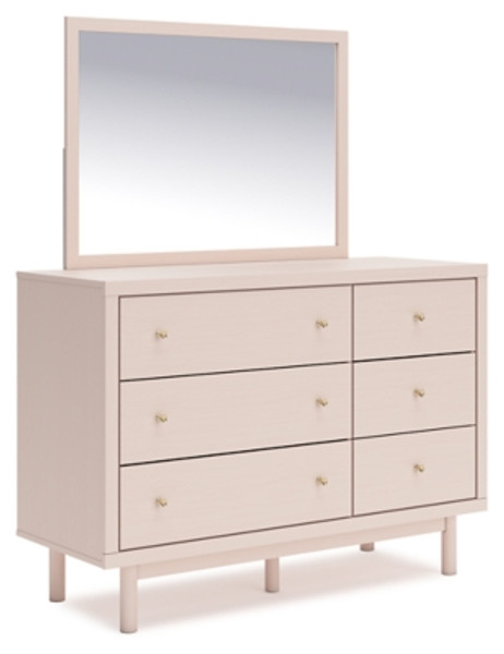 Ashley Wistenpine Blush Twin Upholstered Panel Headboard with Mirrored Dresser and 2 Nightstands