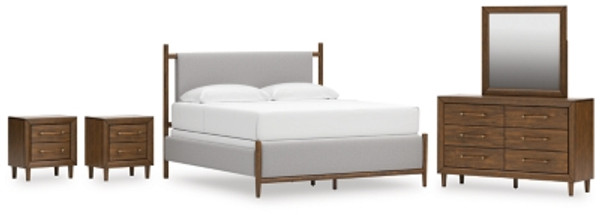 Ashley Lyncott Brown King Upholstered Bed with Mirrored Dresser and 2 Nightstands