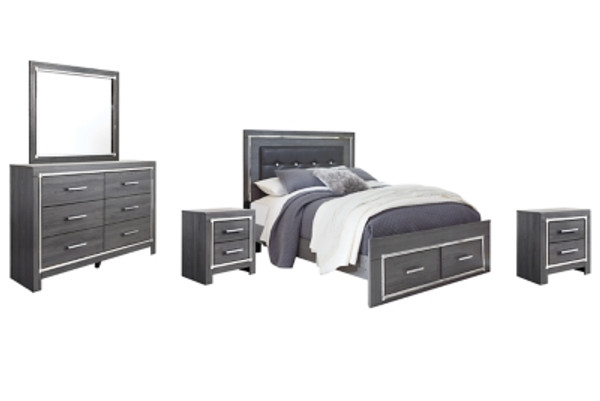 Ashley Lodanna Gray Queen Panel Bed with 2 Storage Drawers with Mirrored Dresser and 2 Nightstands B214/54S/57/96/31/36/92(2)