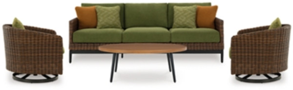 Ashley Horizon Hall Brown Green Outdoor Sofa and 2 Chairs with Coffee Table