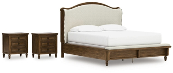 Benchcraft Sturlayne Brown California King Upholstered Panel Bed with 2 Nightstands