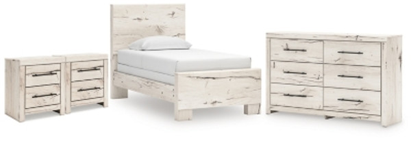 Ashley Lawroy Light Natural Twin Panel Bed with Dresser and 2 Nightstands
