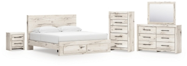 Ashley Lawroy Light Natural King Panel Storage Bed with Mirrored Dresser, Chest and Nightstand