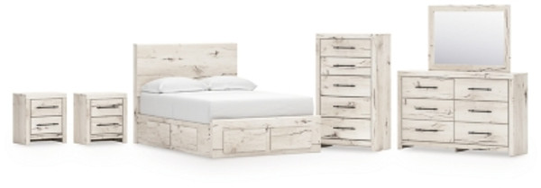 Ashley Lawroy Light Natural Full Panel Storage Bed with Mirrored Dresser, Chest and 2 Nightstands B100/12/B2310/50(2)/84S/87/31/36/46/92(2)