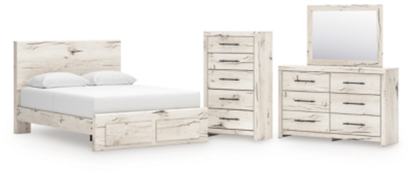 Ashley Lawroy Light Natural Queen Panel Storage Bed with Mirrored Dresser and Chest