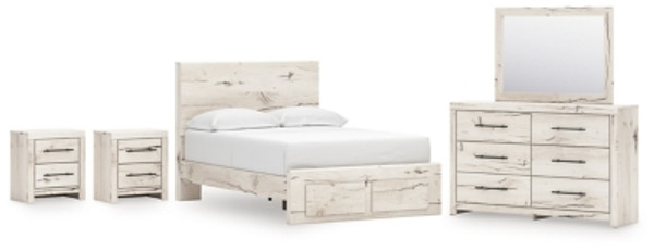 Ashley Lawroy Light Natural Full Panel Storage Bed with Mirrored Dresser and 2 Nightstands