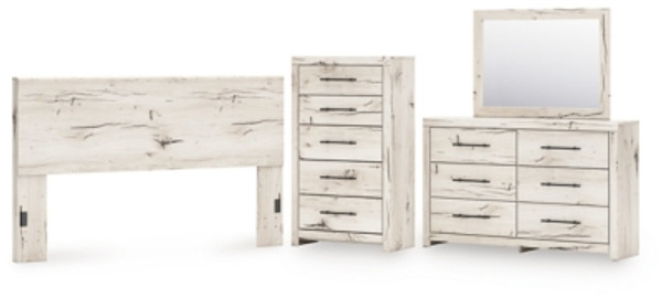 Benchcraft Lawroy Light Natural King Panel Headboard with Mirrored Dresser and Chest