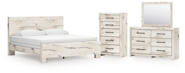 Ashley Lawroy Light Natural King Panel Bed with Mirrored Dresser and Chest B100/14/B2310/56/58/60(2)/31/36/46