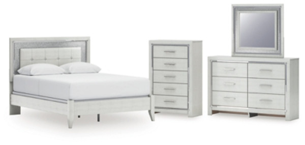 Ashley Zyniden Silver Queen Upholstered Panel Bed with Mirrored Dresser and Chest Ashley Zyniden Silver Queen Upholstered Panel Bed with Mirrored Dresser and Chest
