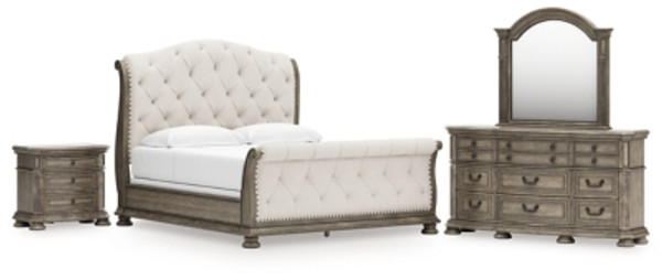 Ashley Ardenfield Light Brown King Upholstered Sleigh Bed with Mirrored Dresser and Nightstand
