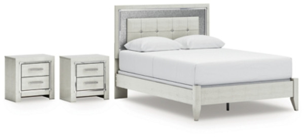 Ashley Zyniden Silver Queen Upholstered Panel Bed with 2 Nightstands