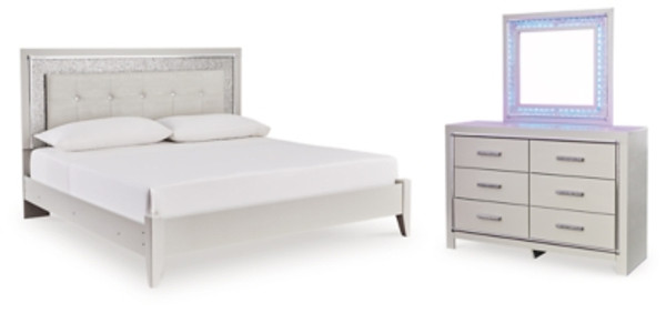 Ashley Zyniden Silver King Upholstered Panel Bed with Mirrored Dresser
