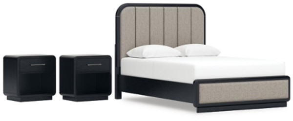 Ashley Rowanbeck Gray Black Queen Upholstered Panel Bed with 2 Nightstands