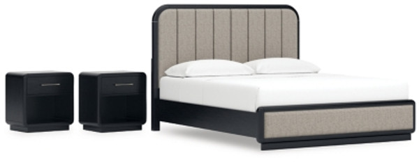 Ashley Rowanbeck Gray Black California King Upholstered Panel Bed with 2 Nightstands