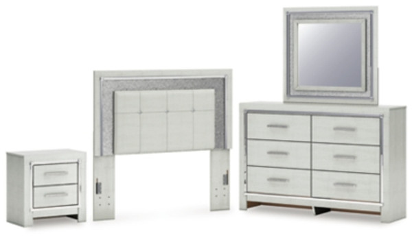 Ashley Zyniden Silver Full Upholstered Panel Headboard with Mirrored Dresser and Nightstand