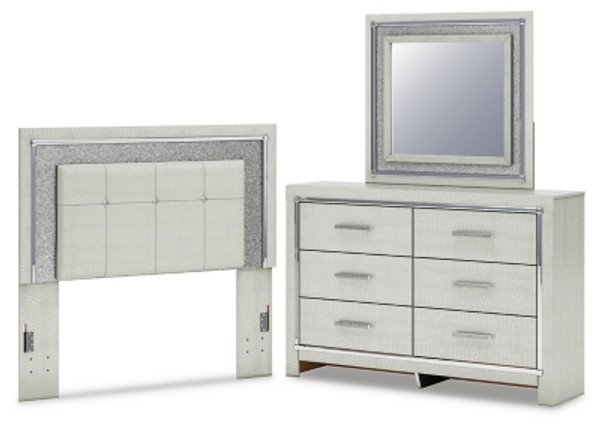 Ashley Zyniden Silver Full Upholstered Panel Headboard with Mirrored Dresser