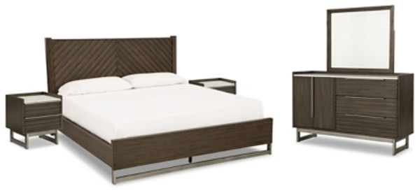 Ashley Arkenton Grayish Brown Queen Panel Bed with Mirrored Dresser and 2 Nightstands