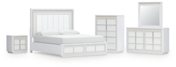 Ashley Chalanna White California King Upholstered Storage Bed with Mirrored Dresser, Chest and Nightstand