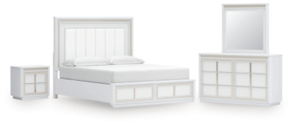 Ashley Chalanna White California King Upholstered Storage Bed with Mirrored Dresser and Nightstand
