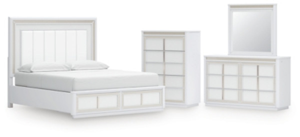 Ashley Chalanna White California King Upholstered Storage Bed with Mirrored Dresser and Chest