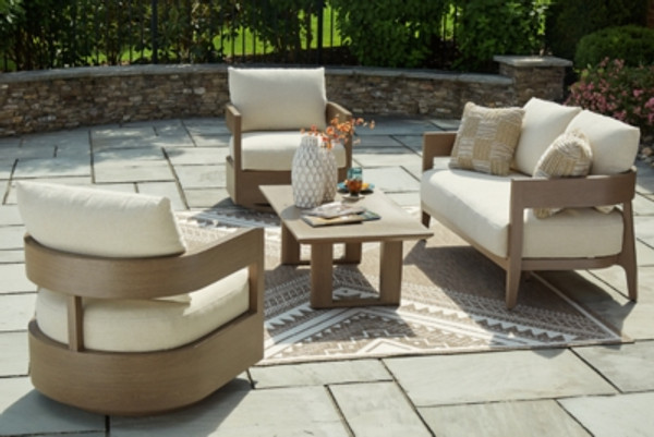 Ashley Serene Bay Dark Brown White Outdoor Loveseat and 2 Chairs with Coffee Table