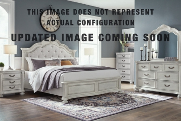 Benchcraft Montelaine Antique White California King Upholstered Panel Bed with Mirrored Dresser