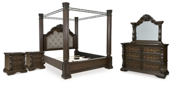 Ashley Maylee Dark Brown King Canopy Bed with Mirrored Dresser and 2 Nightstands