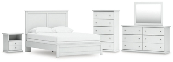 Ashley Bostwick Shoals White Queen Panel Bed with Mirrored Dresser, Chest and Nightstand