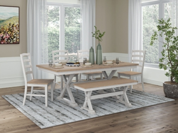 Ashley Westlinport Antique White Natural Dining Table and 4 Chairs and Bench