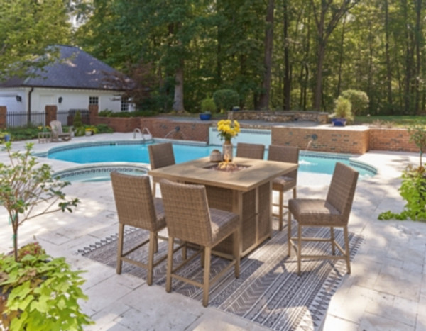 Ashley Walton Bridge Driftwood Outdoor Fire Pit Table and 6 Barstools