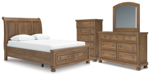 Ashley Vandenmore Medium Brown Queen Storage Sleigh Bed with Mirrored Dresser and Chest